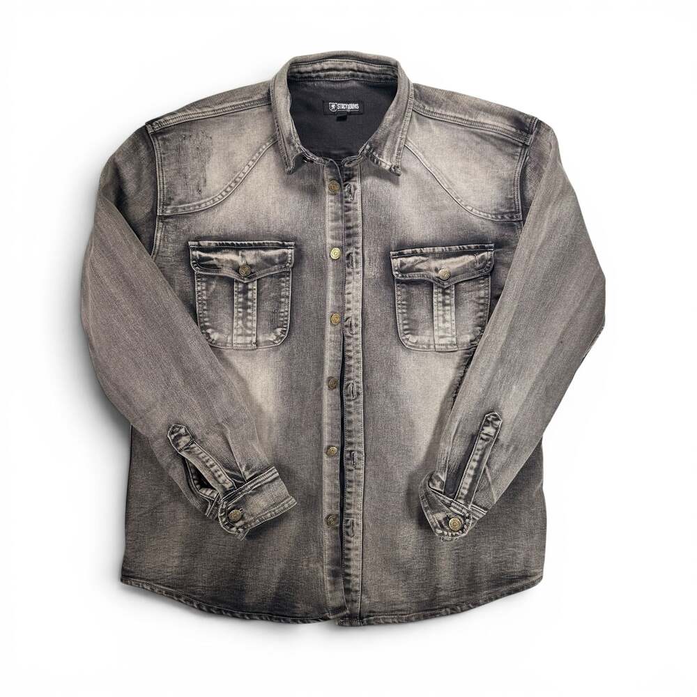 Stacy Adams Grey Faded Denim Western Long Sleeve Shirt Size XL